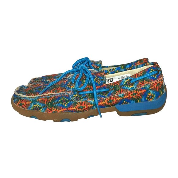 Twisted X Women's 8M Canvas Boat Shoe Driving Mocs Blue Aztec - Picture 3 of 9